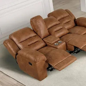 Septimus Contemporary Sectional Sofa with 2 Recliners, Chaise Storage, Console with Cup Holders, and Adjustable Backrests in Saddle Brown Leatherette by FOA