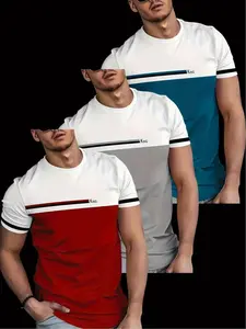 Men's Plus Size 3-Pack T-Shirts, Blue, Fashion 3D Digital Print, Round Neck Short Sleeve, Spring Summer Casual Sportswear