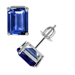 Classic Four Prong Emerald Cut Blue Sapphire Stud Earrings (2.20cttw)- EBS003-7X5-AAA