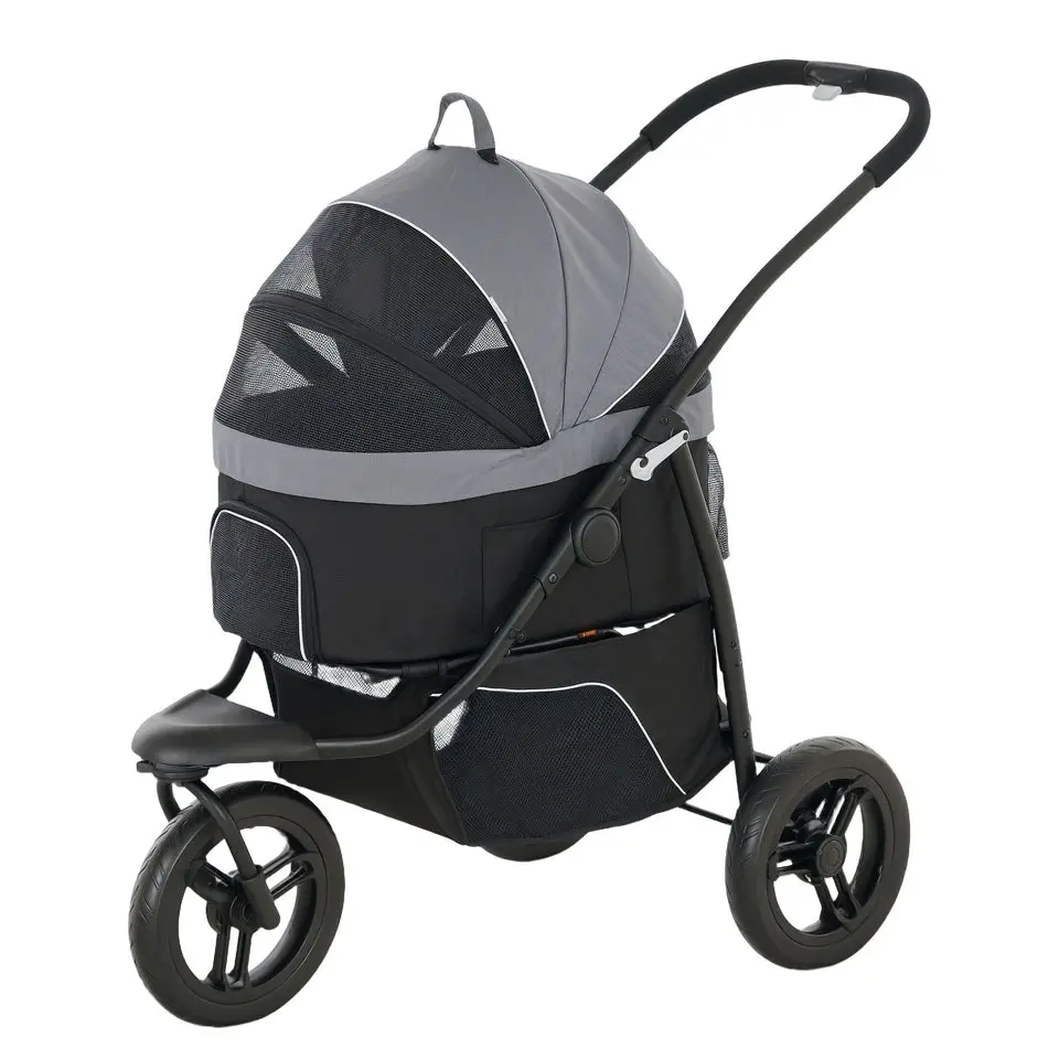 Pet Jogging Stroller for Small Dogs & Cats by PawHut - 3-in-1 Design with Carrier & Storage Basket, Gray