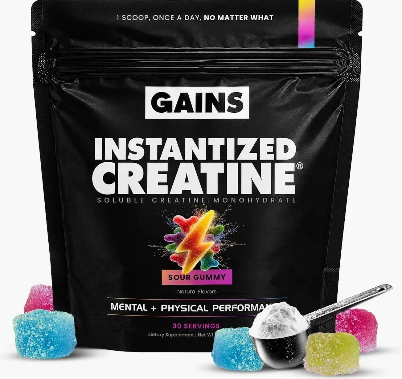 Gains in Bulk Instantized Creatine Monohydrate for Men & Women, Soluble Pre Workout Powder, Supports Muscle Building, Strength and Performance, Bodybuilding Supplements, Sour Gummy, 30 Servings