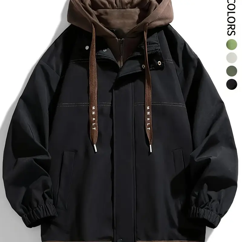 Men's Colorblock Letter Pocket Longsleeves Drawstring Hooded Jacket, Regular Fit Casual Windproof Long Sleeve Hoodie Jumper for Fall & Winter, Men's Clothes for Daily Wear, Fall Clothes 2024 Tops, Waterproof Jacket