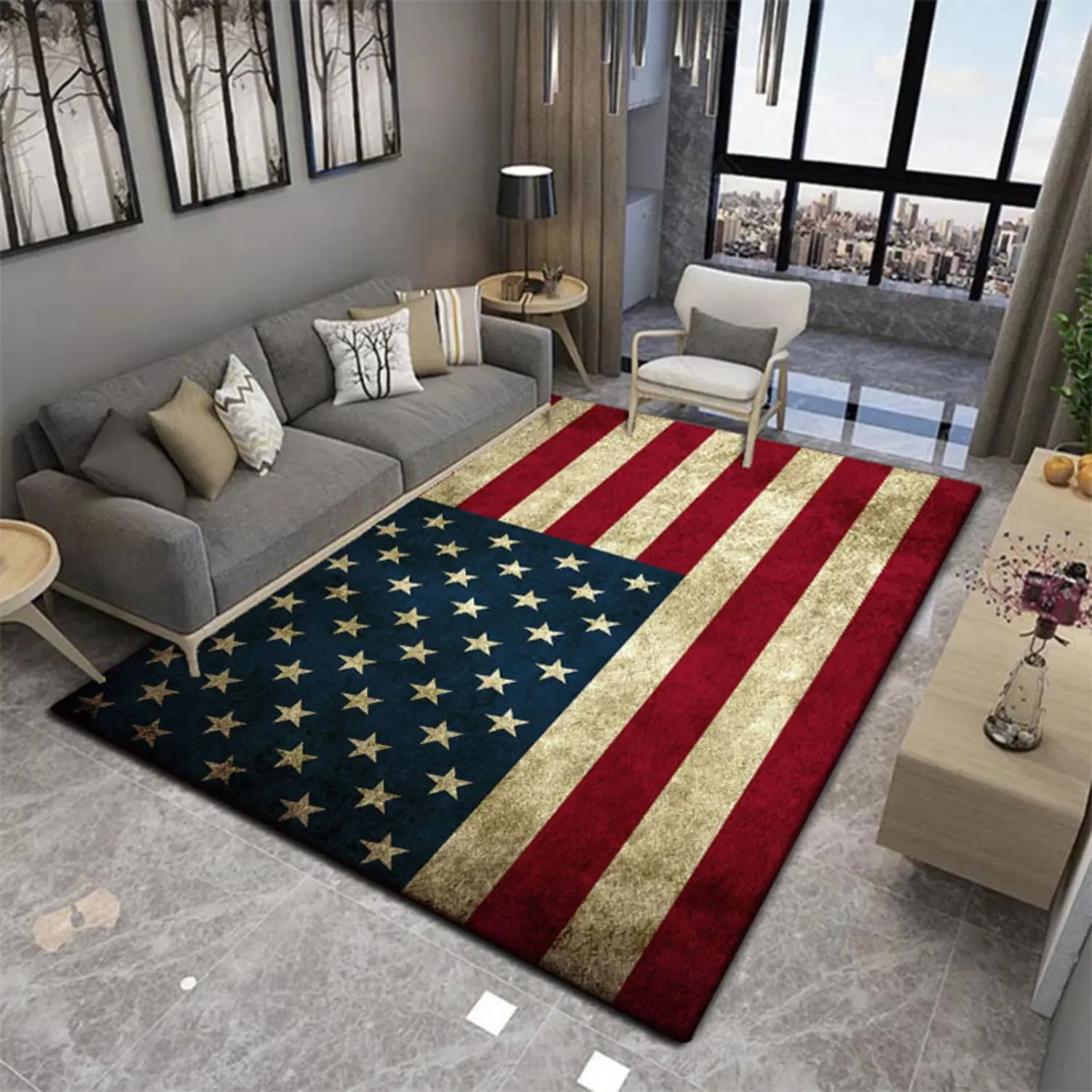 Vintage Distressed American Flag Large Area Rug - Soft Diatomite, Super Anti-Slip, Machine-Washable, Easy-to-Clean Carpet - Rugs for Living Room, Suitable for Bedroom, Office, Living Room Rugs