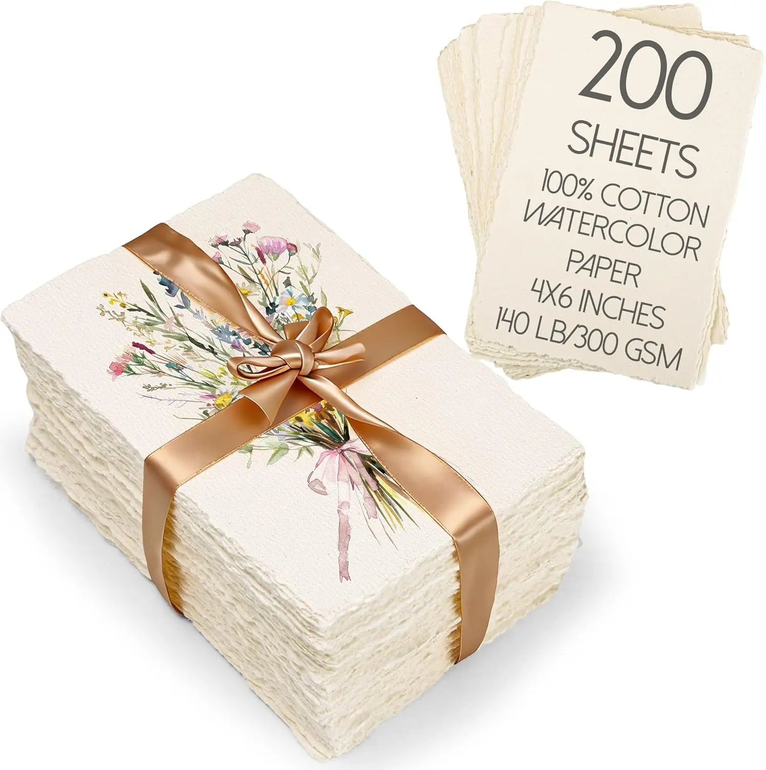 Oleitodh 200 Sheets Cotton Watercolor Paper 4 x 6inch, 140lb/300 GSM Handmade Paper Deckled Edge Watercolor Cardstock Textured Paper for Watercolors, Wedding Invitations, Cards, Crafts