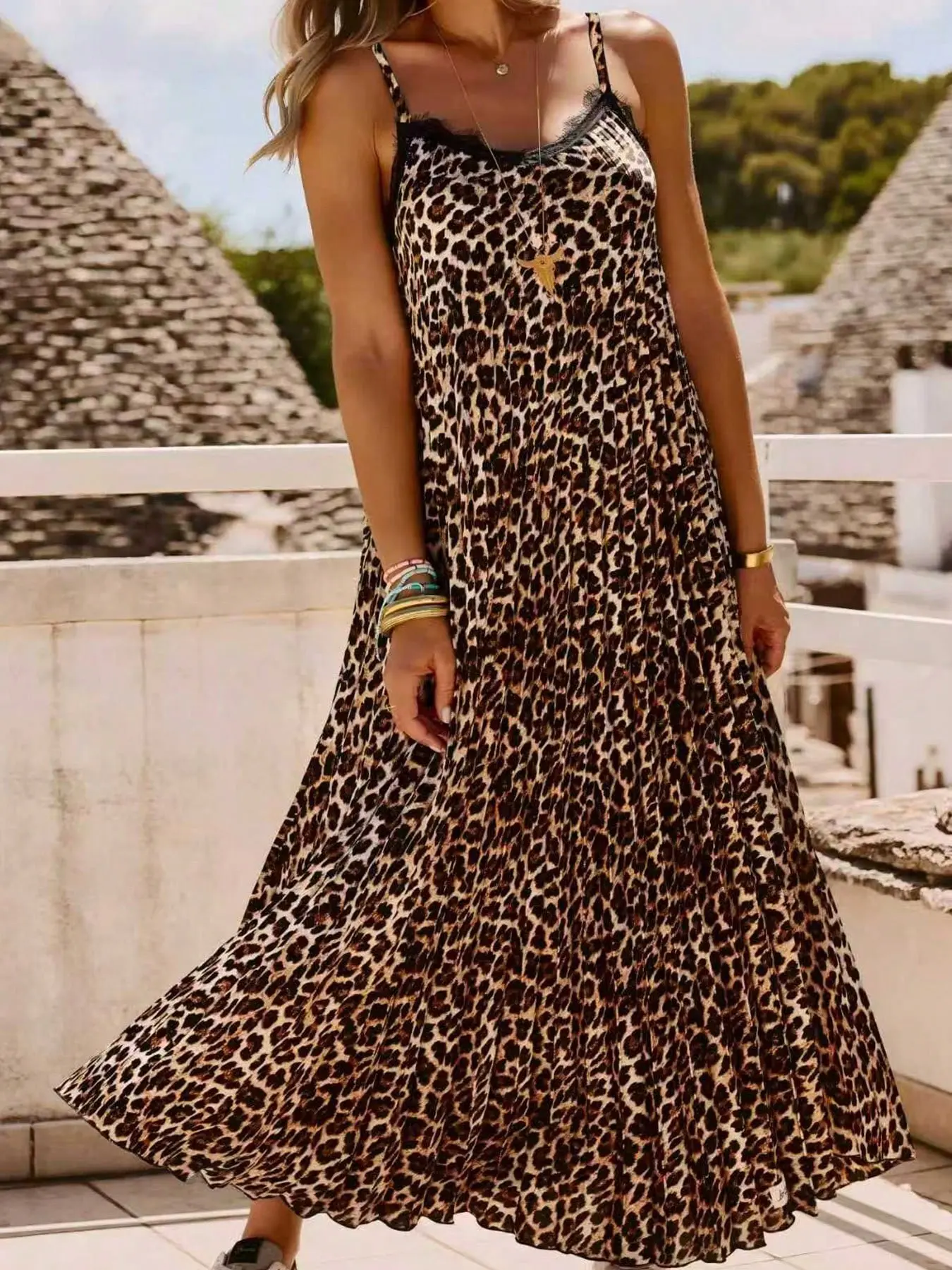 Plus Size Women's Summer Retro Vintage Leopard Print Lace Trim Sleeveless Spaghetti Strap Halter Casual Beach Sundress, Loose Fit Slimming, Perfect for Vacation/daily Commute/date Night, Summer Casual Wear