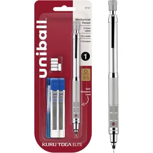 Uniball Kuru Toga Elite Mechanical Pencil Starter Kit with Silver Barrel and 0.5mm Tip; 60 Lead Refills; and 5 Pencil Eraser Refills; HB # 2; Office Supplies; School Supplies; Drafting
