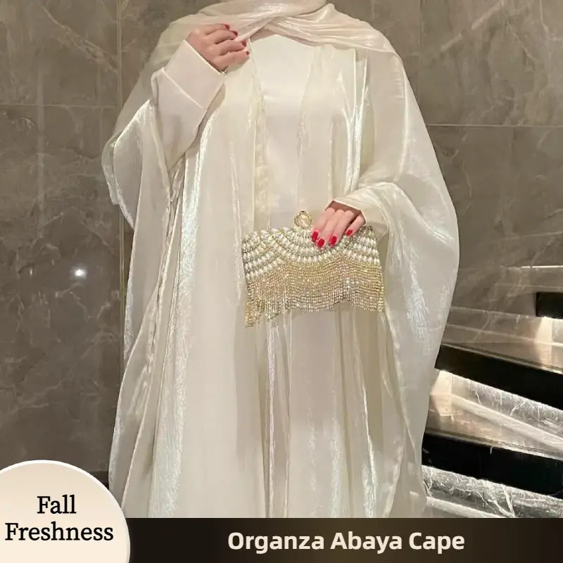 【FallFreshness】CL41 Two-piece set, Coat abaya and Inner skirt, Loose Fit, Fashionable And Gentle organza solid color abaya With Shiny Pearlescent Shee