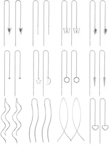 12 Pcs Silvery Elegant Stainless Steel Threader Earrings for Women Men Premium Polished Stainless Steel Sleek Luster Hypoallergenic Quality for Sensitive Skin Refined Earring Set Delicate Threader Drop Styles Charming Moon Star Round Ball Details