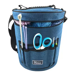 BeCraftee  XL Crochet Bag - Large Craft Organizer to Store Crocheting & Knitting Supplies - Portable Yarn Storage with 7 Pockets for Tools, Shoulder Strap and Handle - Blue | Easy to Carry, Tangle Free