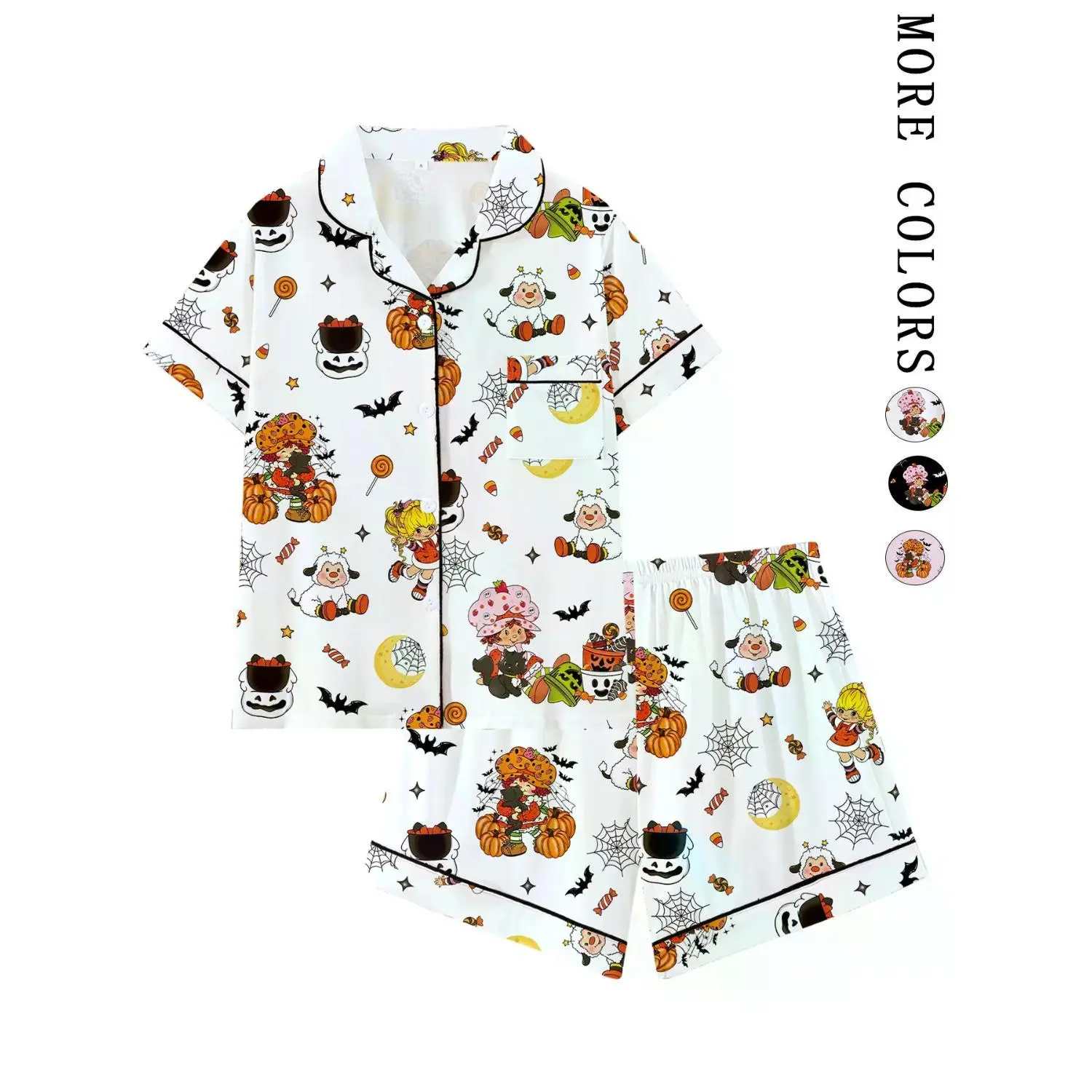 Retro Strawberry Girl Halloween Pajama Set | 80s Nostalgic Cartoon & Pumpkin Print Sleepwear | Soft Short Sleeve Button-Down Lounge Outfit | Fun Summeroween Two-Piece PJs with Black Piping