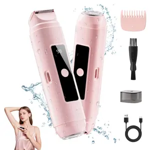 Bikini Trimmer for Women: 2-in-1 Electric Shaver with Digital Display,IPX7 Waterproof & Easy Cleaning& Travel Lock - Dual Head Trimmer for Underarms, Legs, Face (Pink)