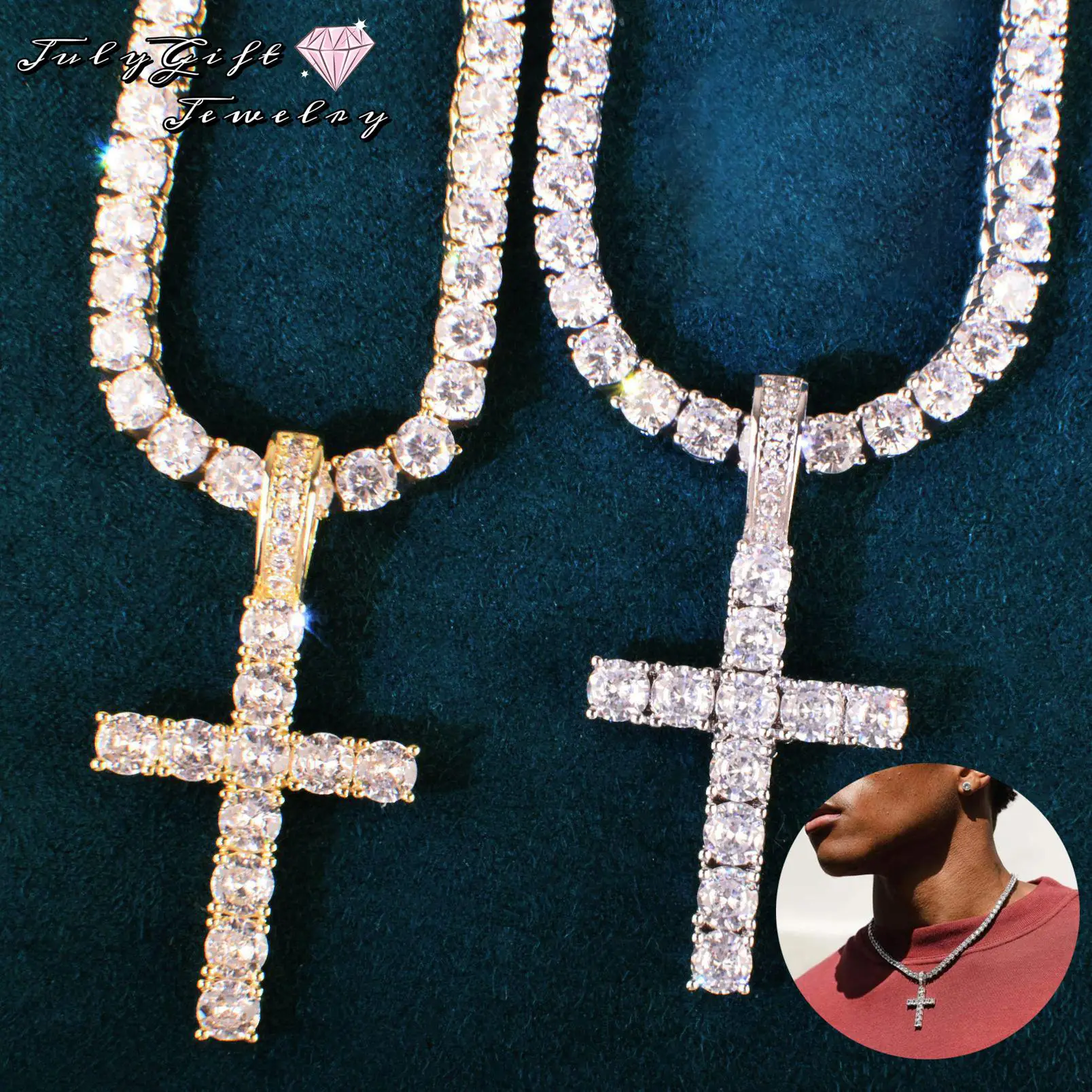 Cross Necklace for Men&Women Cross Jewelry Iced Cubic Zirconia Stainless Steel Pendant Chain