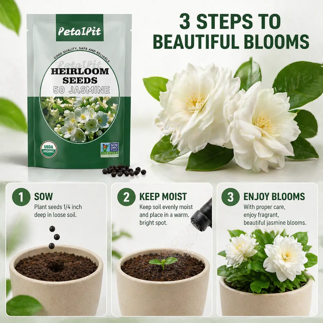 Jasmine出品 For 50 Non-GMO Climbing Silver Jasmine Seeds - Aromatic Evergreen
