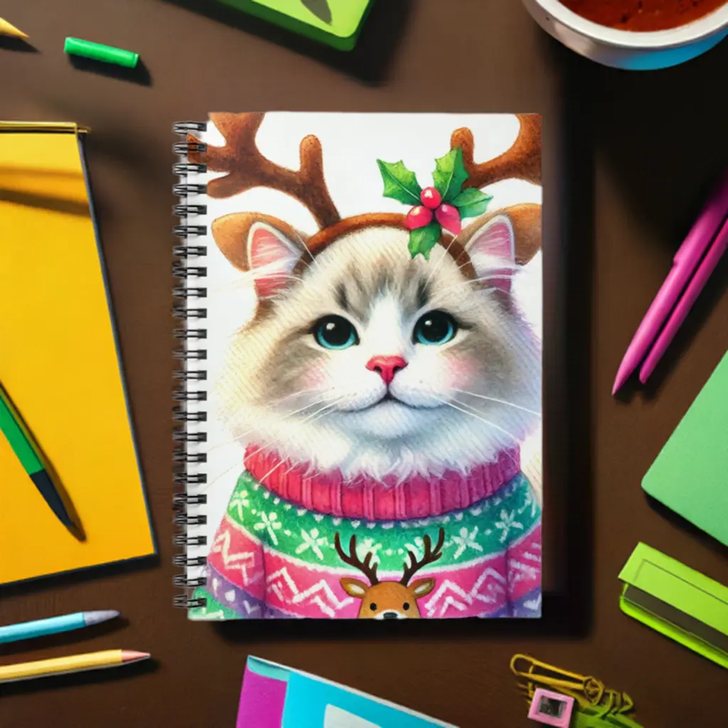 Cat Reindeer - Christmas Spiral Notebook - Ruled Line