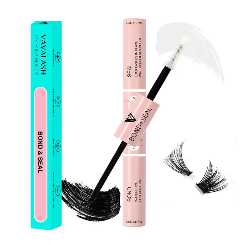 VAVALASH Pink 2-in-1 Bond & Seal 5ml+5ml Newbie-Friendly Waterproof Lash Glue, Brush-Applicable Strong-Hold Adhesive for DIY Eyelashes Kit, Eyelash Extension Clusters, Easy Application