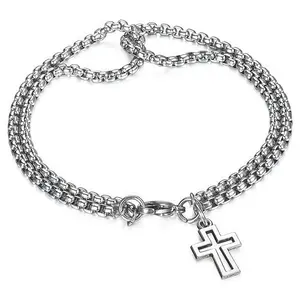 US-FASHION - Men's Fashion Double Chain Cross Hollow Wrist Bracelets Lobster Claw Clasp Stainless Steel Bracelet Hip Hop Punk Party Jewelry