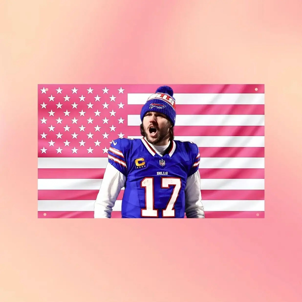 Josh Allen Buffalo Football Flag, Pink American Flag Wall Tapestry, Quarterback Fan Room Decor, Gift for Sports Fans
