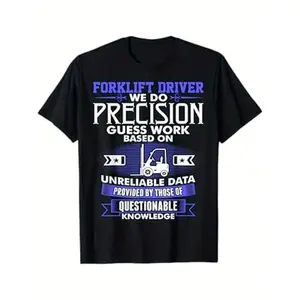 Funny Forklift Driver Workshirt - Light-Colored Tee with Bold Blue Text "Precision Guess Work" - Heavy Machinery Operator Gift - Breathable Cotton Shirt for Warehouse, Industrial Jobs - Machine Washable Crewneck, Casual Wear, Graphic Tee, Durable Print