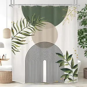 Boho sage green shower curtain 60wx72h abstract bohemian mid century modern bathroom curtain gold leaves plant olive grey minimalist bathroom decor bath curtain polyester 12 pack hooks