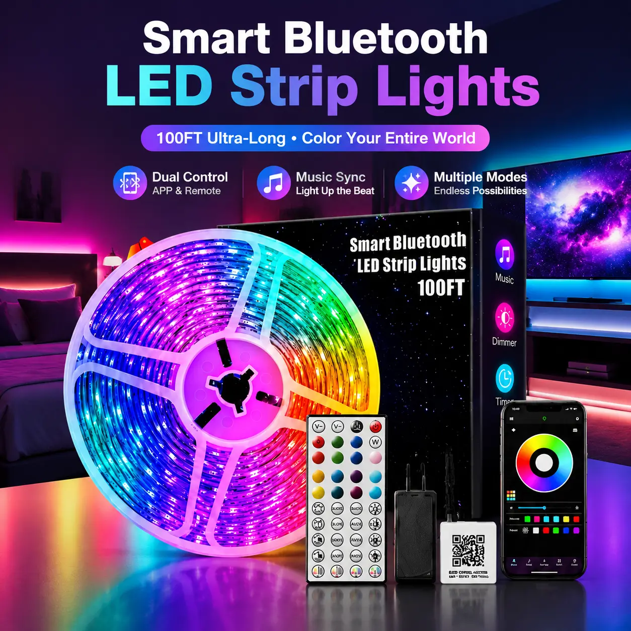 100FT Smart RGB LED Strip Light with Remote Control - Programmable, Music Sync, Google Assistant Compatible, RGB LED Effects, Indoor Use for Bedroom Decor