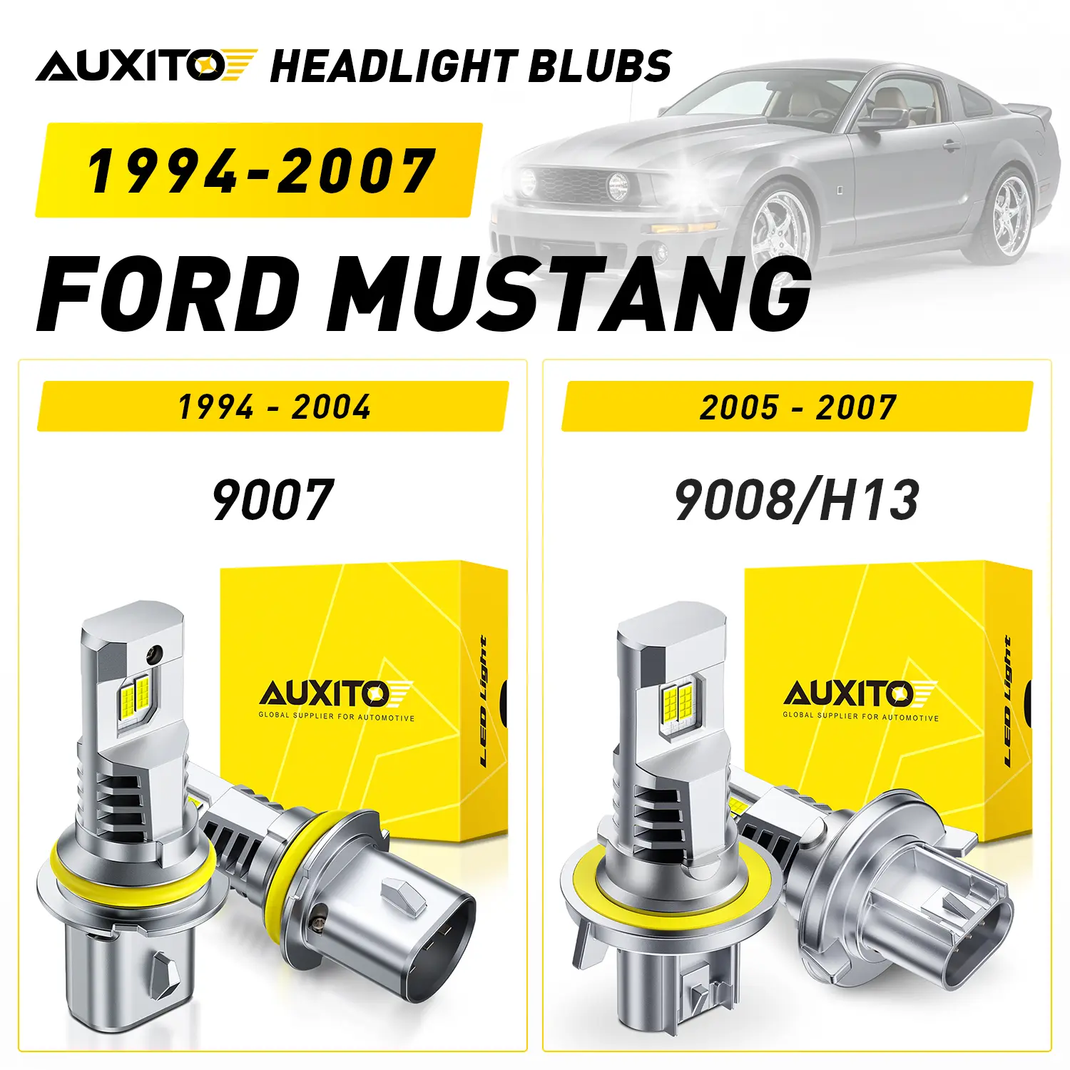 1994-2007 Ford Mustang AUXITO LED Headlight Bulbs, 9007 (1994-2004), 9008/H13 (2005-2007),40000LM 6500K Cool White,Anti-glare,CANBUS Ready,No error,No Flickering, Plug and Play