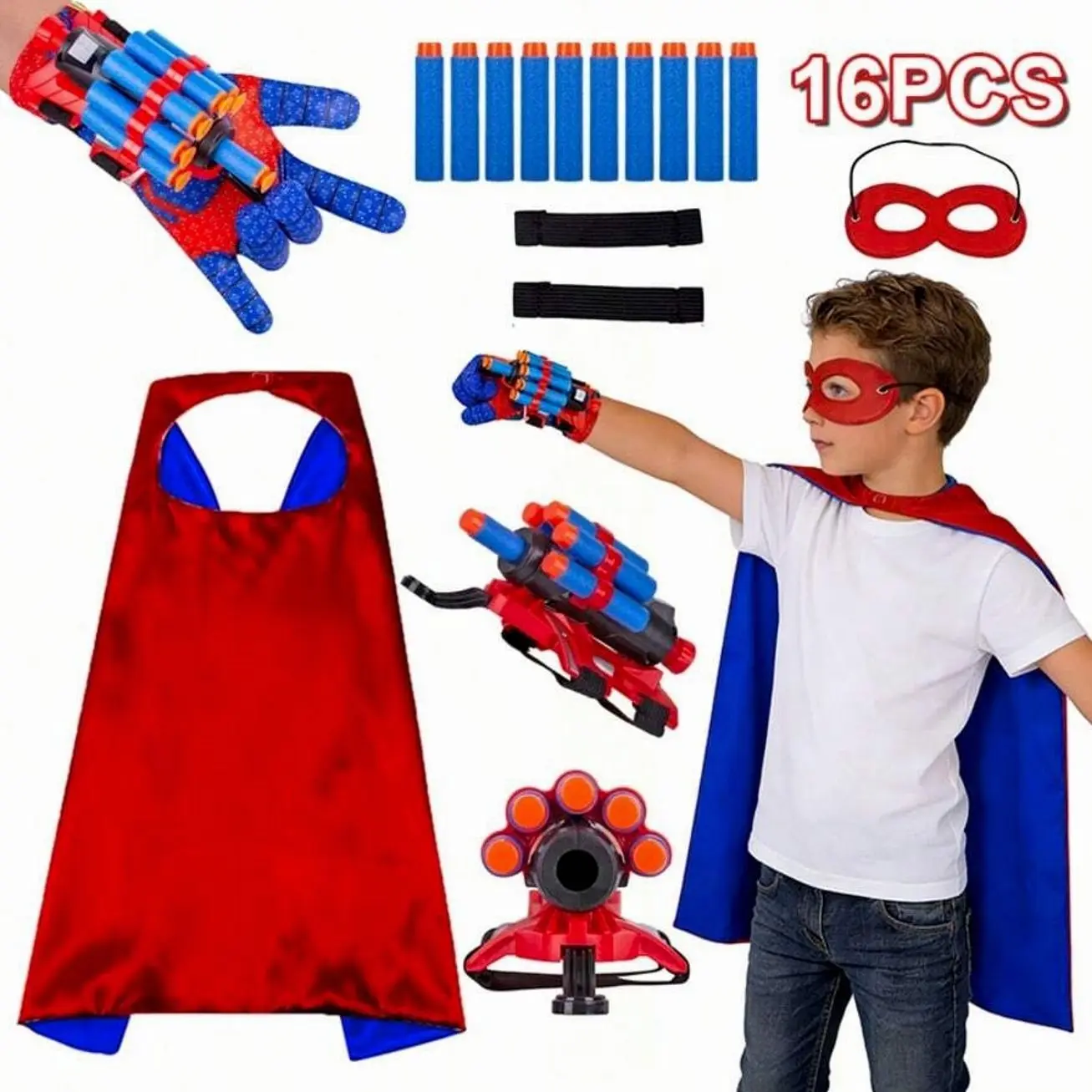 10-Piece Foam Dart Blaster Roleplay Costume Set with Cape, Mask, Gloves, Adjustable Straps and Soft Darts for Parties and Dress-Up Play