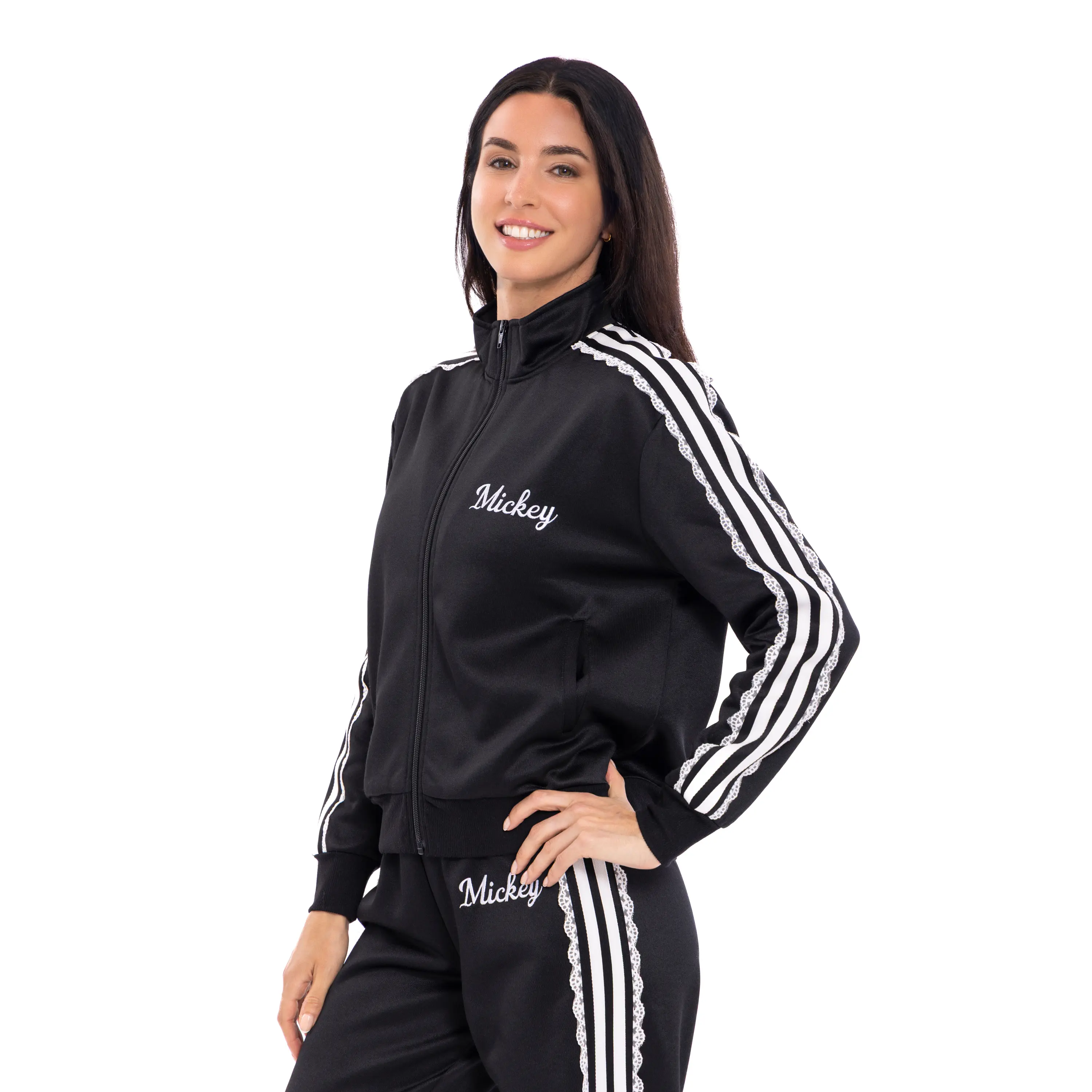 Disney Mickey Mouse Adults' Long Sleeve Graphic Zipper-Front Sporty Chic Bomber Track Jacket, Black