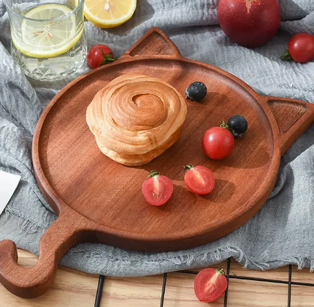 Cute cat ear wooden plate elevates breakfast plating, wear casual shorts to arrange croissant and fruit for aesthetic morning food shots.