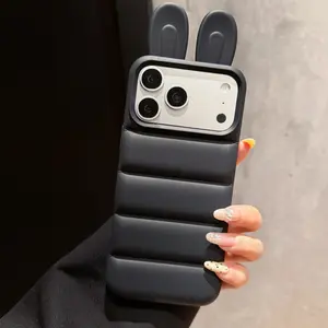 Cartoon 3D Rabbit Ears Phone Case for Apple 17 Pro Max, iPhone 16 Down Jacket, New 15 Pro, Cute 13/14, Protective Cover