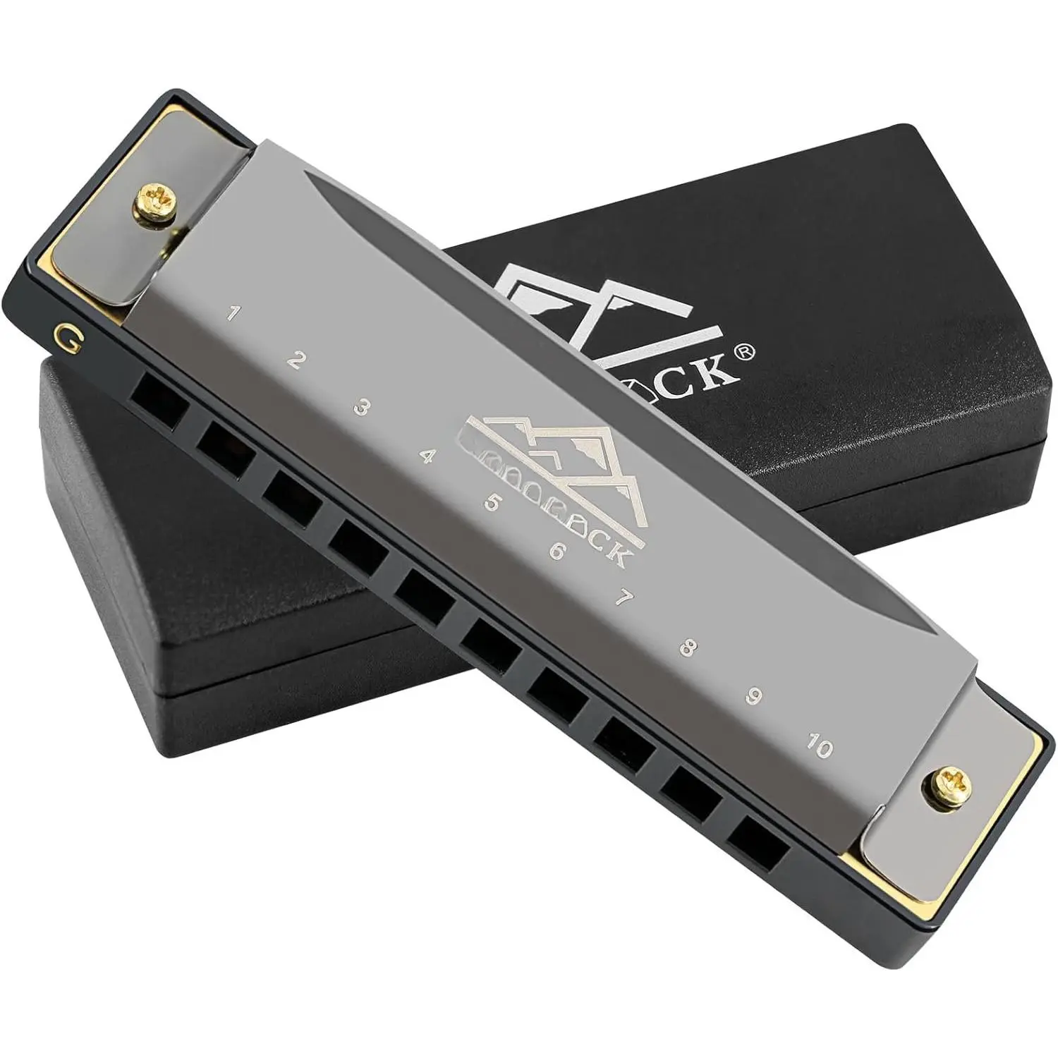 10-Hole G Key Diatonic Blues Harmonica (Harp) with Case - Phosphor Bronze Reeds, Smooth Stainless Steel Cover, Lip-Friendly, ABS Combs, Airflow Splitter, Easy to Use for Adults, Blues Music, Beginner Gift Option (Black)