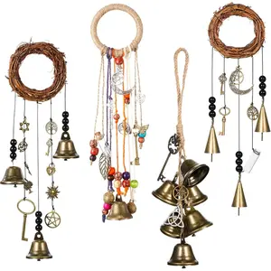 4 Pieces Witch Bells Protection Door Knob Hanger Witch Wind Chime 3.1 Inch Wreath Handmade Door Hanger Bell for Clear Negative Energy Witchcraft Home Decor Supplies for Boho Home(Vivid Style)