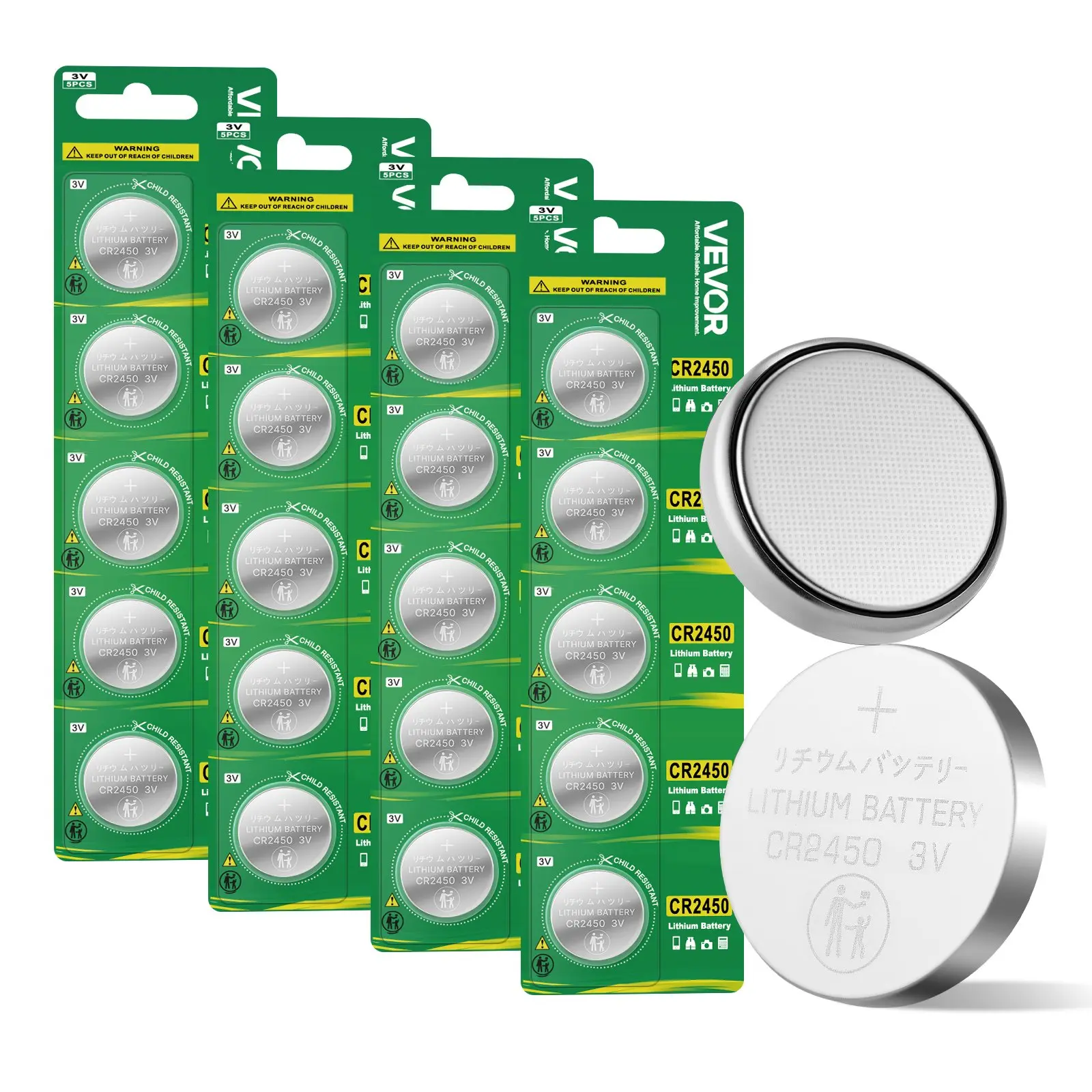 【Summerfinds】VEVOR CR2450 Lithium Battery, 20 Count (Pack of 4) Lithium Coin Battery, Non-Mercury and Anti-Swallow Designed, Long Lasting 3V CR 2450 Cell Batteries, for Key Fobs, Glucometers, and Other Devices