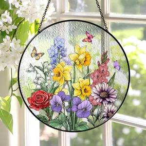 Custom Family Birth Flowers Glass Suncatcher, Custom Mom's Garden Gift,Flower Glass Art,Birth Flower Gift For Nana,Mother's Day Gift For Mom