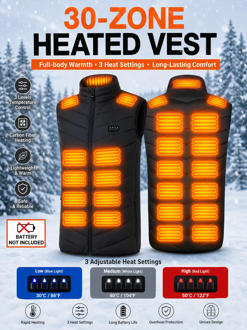 Men's heated vest, unisex, 30-zone heating, lightweight warm jacket, suitable for outdoor camping and daily commuting, ideal for extreme cold weather, casual trendy style [power bank not included]
