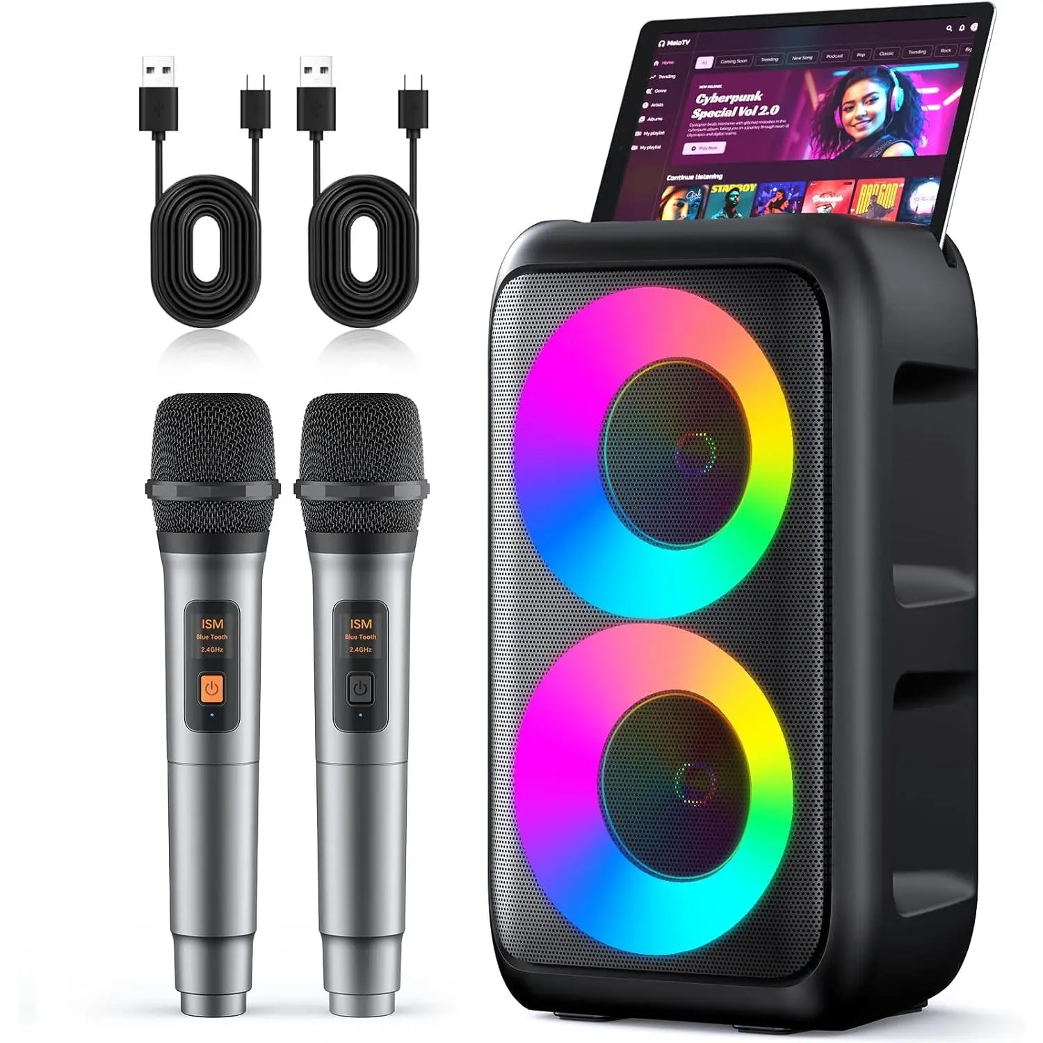Black Karaoke Box for Adults, Multifunctional Portable Speaker with 2 Wireless Mics, Bluetooth, LED Lights, Rechargeable Battery for Home Parties, Outdoor Camping, Battery Powered