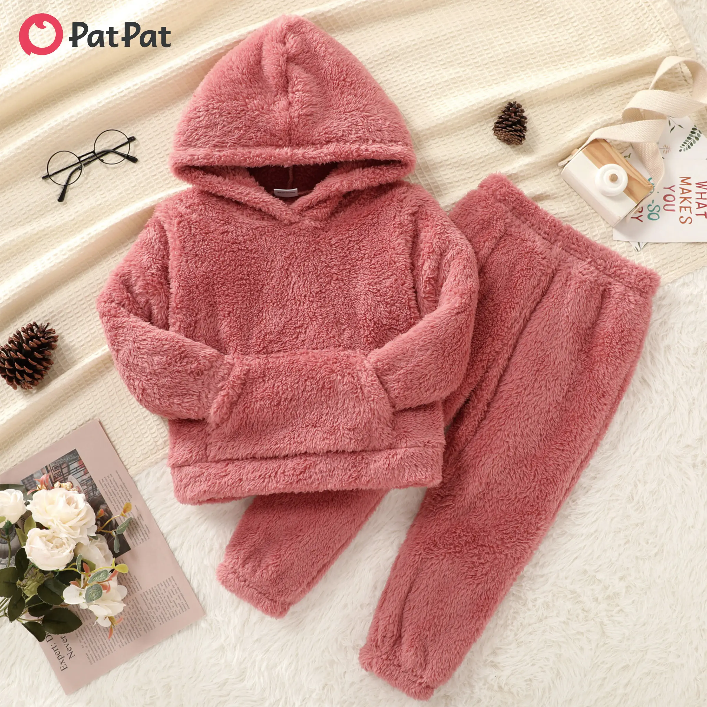 PatPat Toddler Girl/Boy 2pcs Fuzzy Hoodie Sweatshirt & Pants Set: Multi-Color, Casual Style for Home Comfort and Winter Adventures, Family Fun and Mem