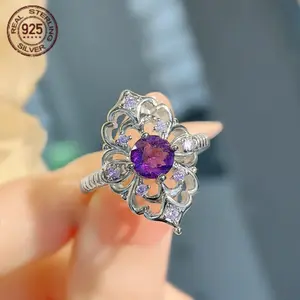 Exquisite Flower Ring in 925 Silver for Women, Hollow Design with Purple Cubic Zirconia, Platinum Plated Daily Jewelry, Rural