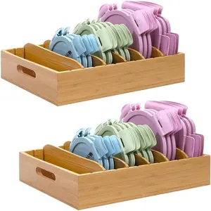 2pcs Bamboo Lid Holder Food Container - Kitchen Organizer with 5 Adjustable Dividers, Cabinet Storage for Kitchen Gadgets and Container Lids
