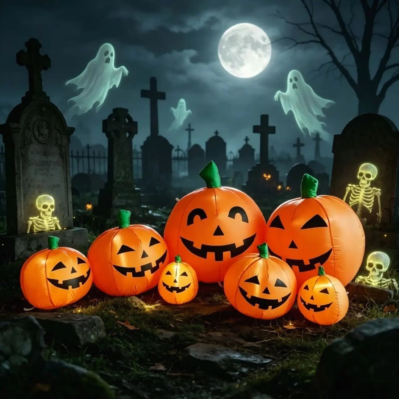 8.5FT Halloween Inflatable Pumpkin Decoration, 7PCS Jack-O-Lanterns with Built-In LED Lights, Outdoor Pumpkin Patch Decor for Lawn, Yard, Garden and Patio