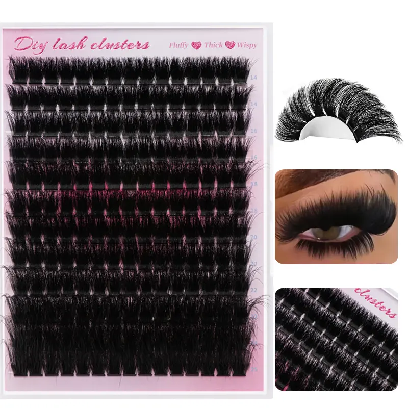 D Curl Cluster Lashes for DIY Eyelash Extensions, 300D Fluffy Volume Waterproof Lash Kit, 14-25mm Mixed Plant Fiber Clusters with Glue & Tweezers, Fluffy Volume Eyelashes, D-Curl Dense Cluster