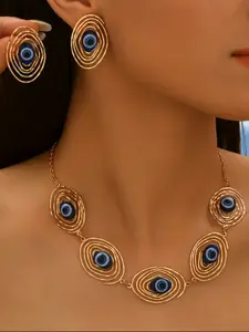 Trendy Geometric Spiral Hollow Design Earring Necklace Set, Turkish Blue Eye Fashion Jewelry, Unisex Hip Hop Accessory, Earrings Set