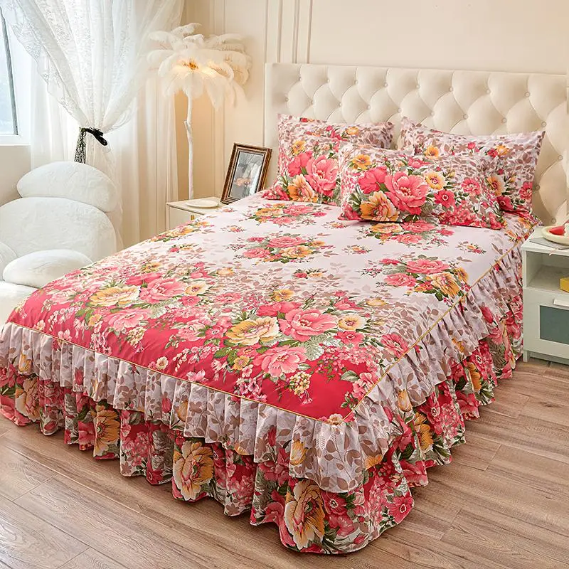 Floral Print Ruffled Edge Bed Skirt Set, 3 Counts/set Including 1 Bed Skirt & 2 Pillowcases without Filler, Comfy Bedding Set for Home Bedroom, Decora