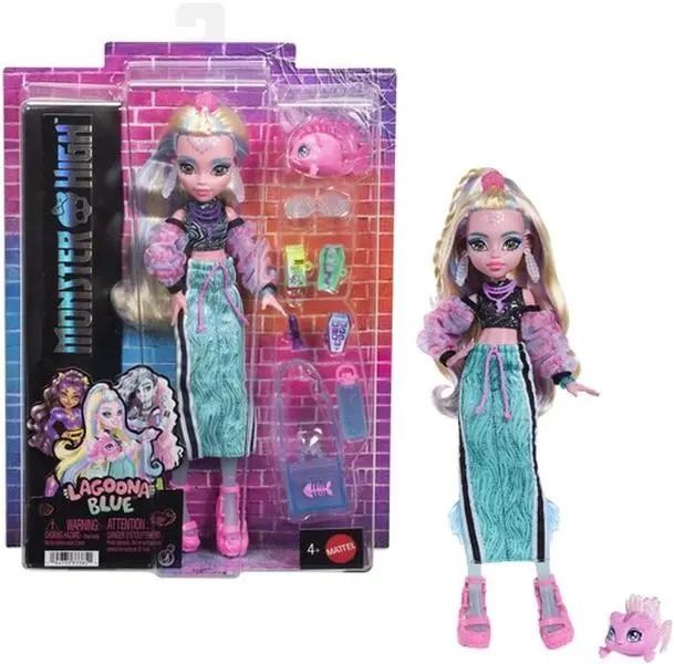 MATTEL Monster High 1 Lagoona Blue Collectible Doll with Pet Neptuna, Hydrating Lip Gloss, Cropped Top, Aquatic Heels with Peekaboo Socks, Bone-Afide Bag [COLLECTIBLES] Figurine, 1 Lagoona Blue Doll