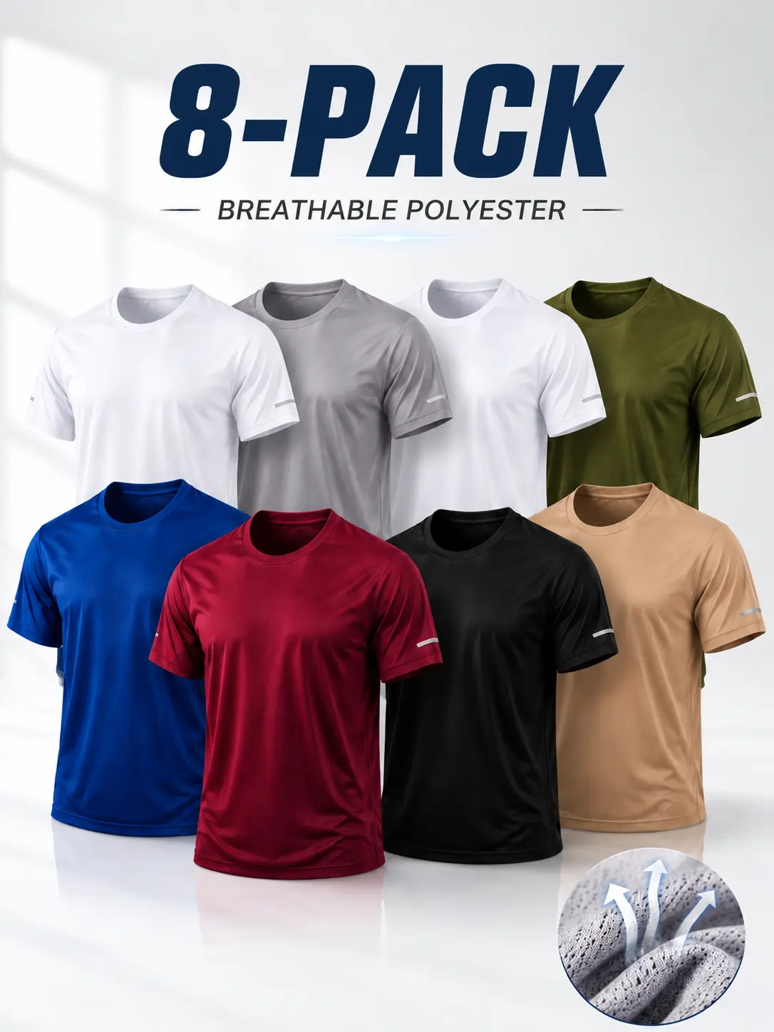 8 Pack Men's Athletic T Shirts, Dry Fit Workout Shirts Short Sleeve Crew Neck Tees, Breathable Quick Dry Polyester Mesh Tops, Lightweight Moisture Wicking Sports Shirts for Gym Fitness Running Hiking Summer Casual Wear