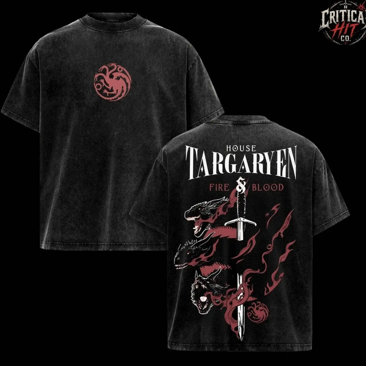 Vintage Acid Wash House Targaryen Graphic T-Shirt | Retro Fire & Blood Dragon Bootleg Tee | Targaryen Sigil Front & Three-Headed Dragon Large Back Print | Oversized Heavyweight Fantasy Streetwear Men Women Y2K Apparel F0F