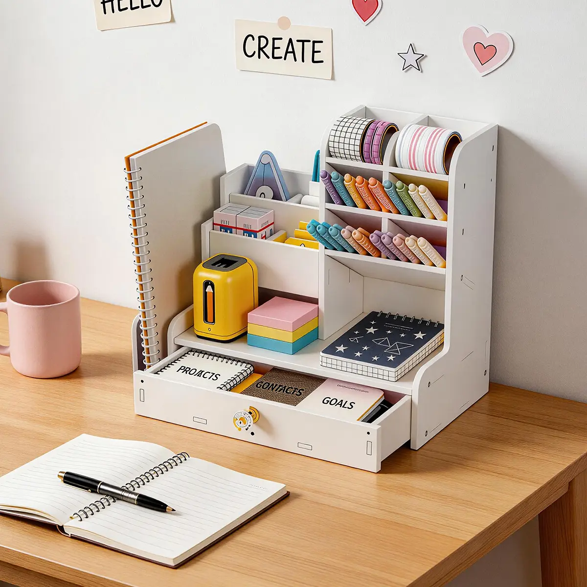 Desk Organizer with Pen Holder, DIY White Office Stationery Desktop Storage Holder Sorter with Drawer for Home, Office and School