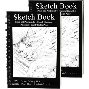 2 Pack Spiral Bound Sketchbooks, 50 Sheets per Pack, 7.5" x 5.1" Sketchbook with Black Hard Cover for Painting, Drawing and Sketching
