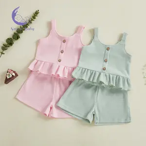 Baby Girls 2 Piece Outfits Fashionable Solid Color Sleeveless Square Collar Ruffled Tank Tops and Shorts Set