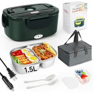Electric Lunch Box 80W for Adults, 1.5L Lunch Warmer with 2 Compartments for //Work,  Portable Heated Lunch Box  Warmer Heater 12/24/110V, Removable Stainless Steel Container