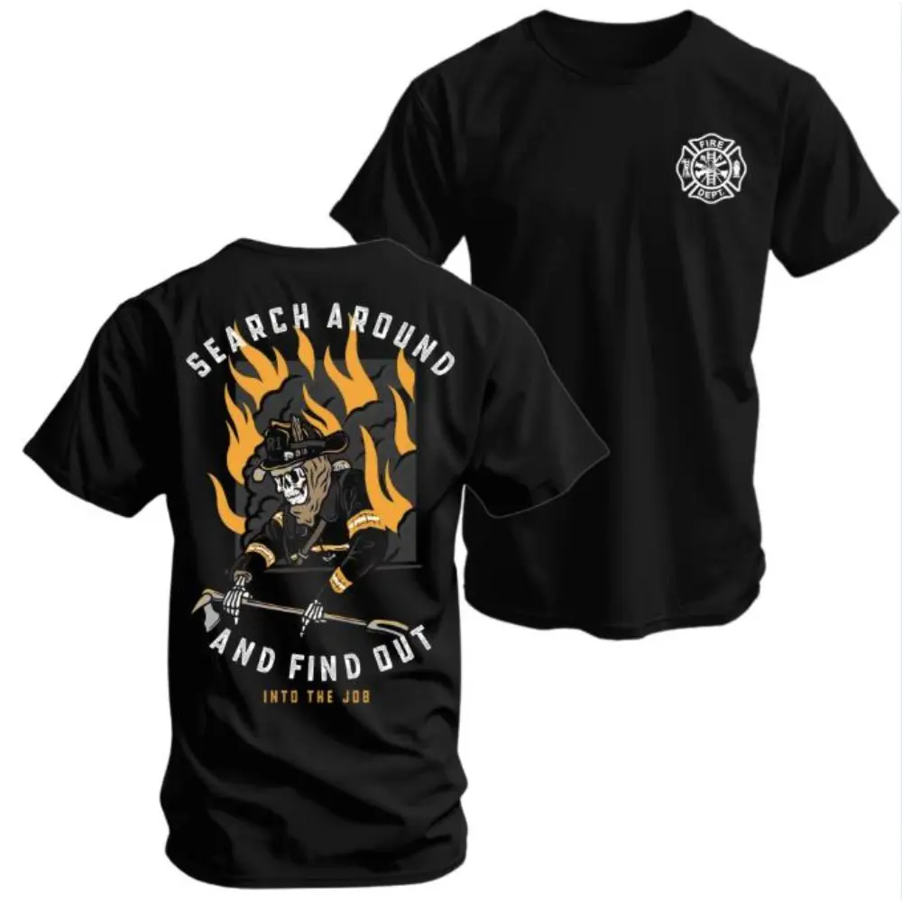 Men's Skull Print T-Shirt, Casual Cotton Firefighter Tee with Flame Graphic, Short Sleeve Round Neck Streetwear for Valentines Day